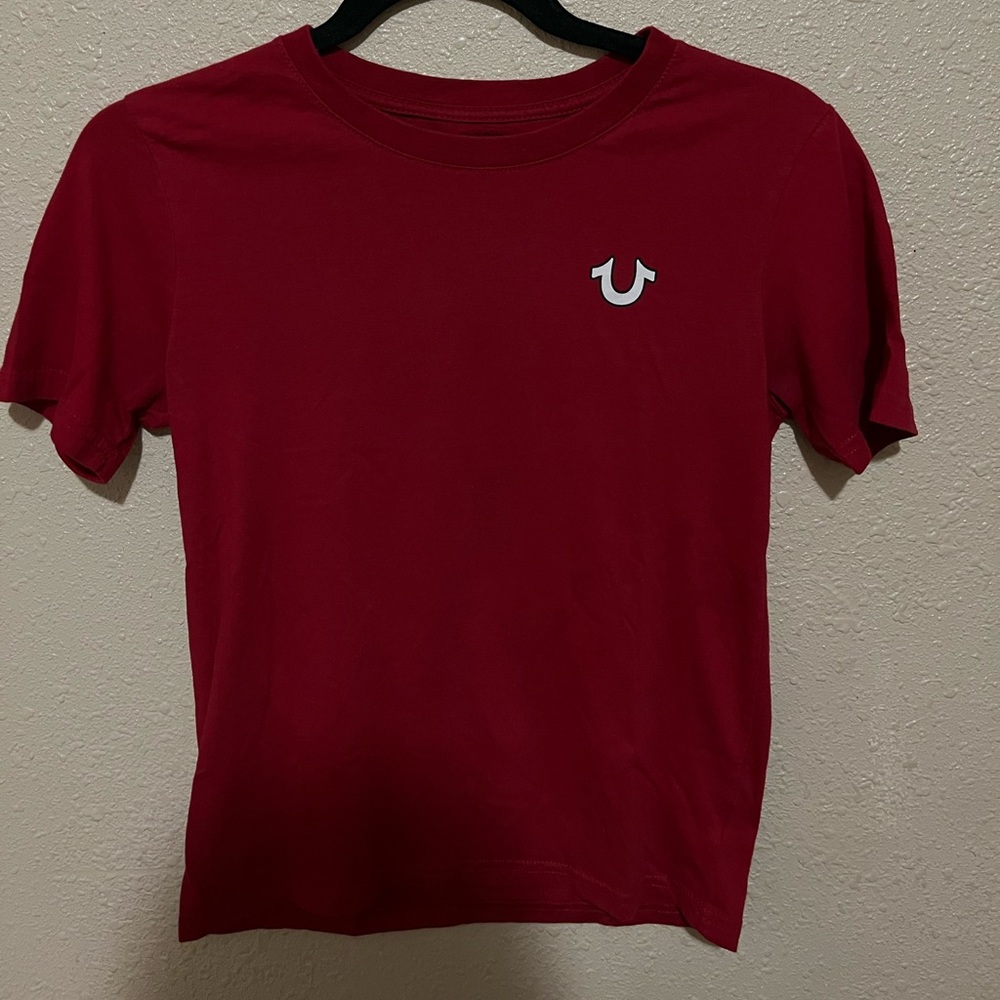 red true religion t-shirt, size medium(10-12) in boys